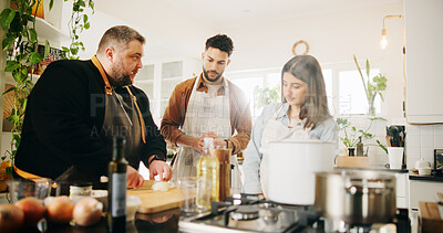 Buy stock photo Cooking class, couple and chef with teaching in kitchen for meal preparation, cutting skills and knife safety instructions. Learning course, people and food lesson with dinner process and menu advice