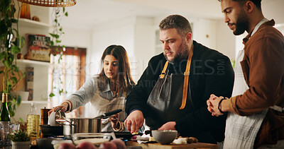 Buy stock photo Cooking, couple and chef with teaching in kitchen for meal preparation, culinary lesson and recipe instructions. Professional, people and learning food tutorial with dinner guidance and demonstration