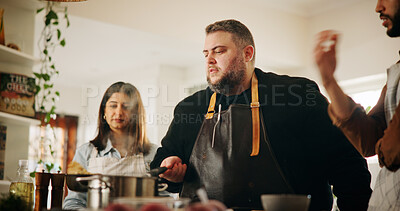 Buy stock photo Cooking class, chef and couple with food in kitchen for meal preparation, learning recipe and dinner instructions. Culinary course, people and professional guide with demonstration, teaching and tips