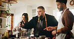 Cooking, chef and couple with lesson in kitchen for meal preparation, culinary skills and recipe instructions. Professional guide, people and learning food tutorial with dinner tips and demonstration