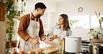 Cooking, couple and happy with ingredients in kitchen for recipe guidance, meal preparation and support. Nutrition, people and talking in home with cutting vegetables, healthy dinner and helping hand