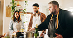 Cooking class, couple and chef with teaching in kitchen for meal preparation, recipe tutorial or dinner instructions. Learning, people and masterclass with food demonstration, culinary advice or tips