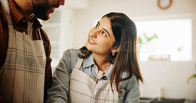Buy stock photo Conversation, cooking and couple in kitchen in home together for bonding, talking and connection, Happy, helping and man with woman for preparing meal, food or dinner for health diet in apartment.