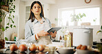 Woman, tablet and thinking with kitchen, recipe and home for food ingredients and internet instructions. Technology, cooking or preparation with chef person in apartment for diet, health or nutrition