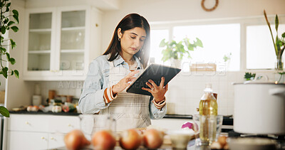 Buy stock photo Woman, tablet and research with kitchen, recipe and home for food ingredients and internet instructions. Technology, cooking or preparation with chef person in apartment for diet, health or nutrition
