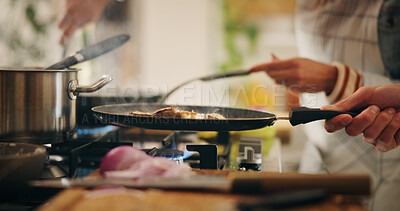 Buy stock photo Cooking, food and pan with people in kitchen of restaurant closeup for diet, health or nutrition. Gas stove, ingredients and recipe with chef team in hotel for gourmet cuisine, hospitality or service