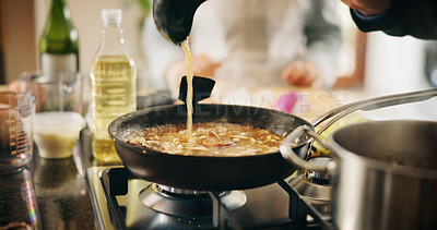 Buy stock photo Cooking, pan and recipe with person in kitchen of restaurant closeup with sauce, health or nutrition. Food, gas stove and ingredients with chef in hotel for gourmet cuisine, hospitality or service