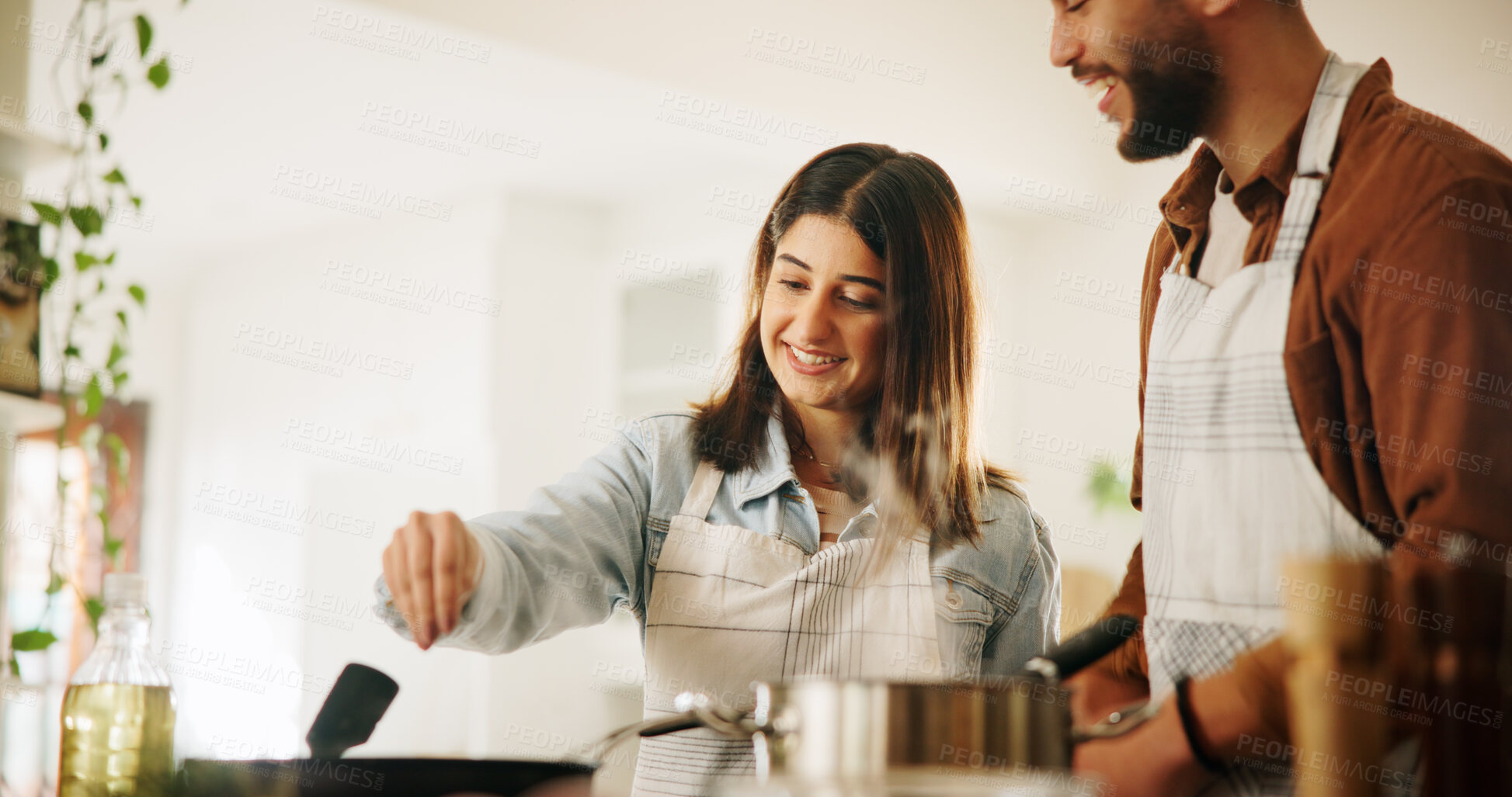 Buy stock photo Cooking, couple and happy with meal prep in kitchen for dinner recipe, food preparation or support. Bonding, people and connection in home with lunch date, conversation or helping hand with nutrition