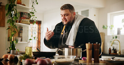 Buy stock photo Man, cooking and smell food in home for lunch preparation, meal aroma and creative process. Private chef, scent and healthy ingredients for gourmet cuisine, dinner nutrition or dish progress at house