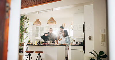 Buy stock photo Cooking class, chef and couple with learning in kitchen for meal preparation, teaching recipe or cuisine instructions. Culinary course, people and professional guide with demonstration or food advice