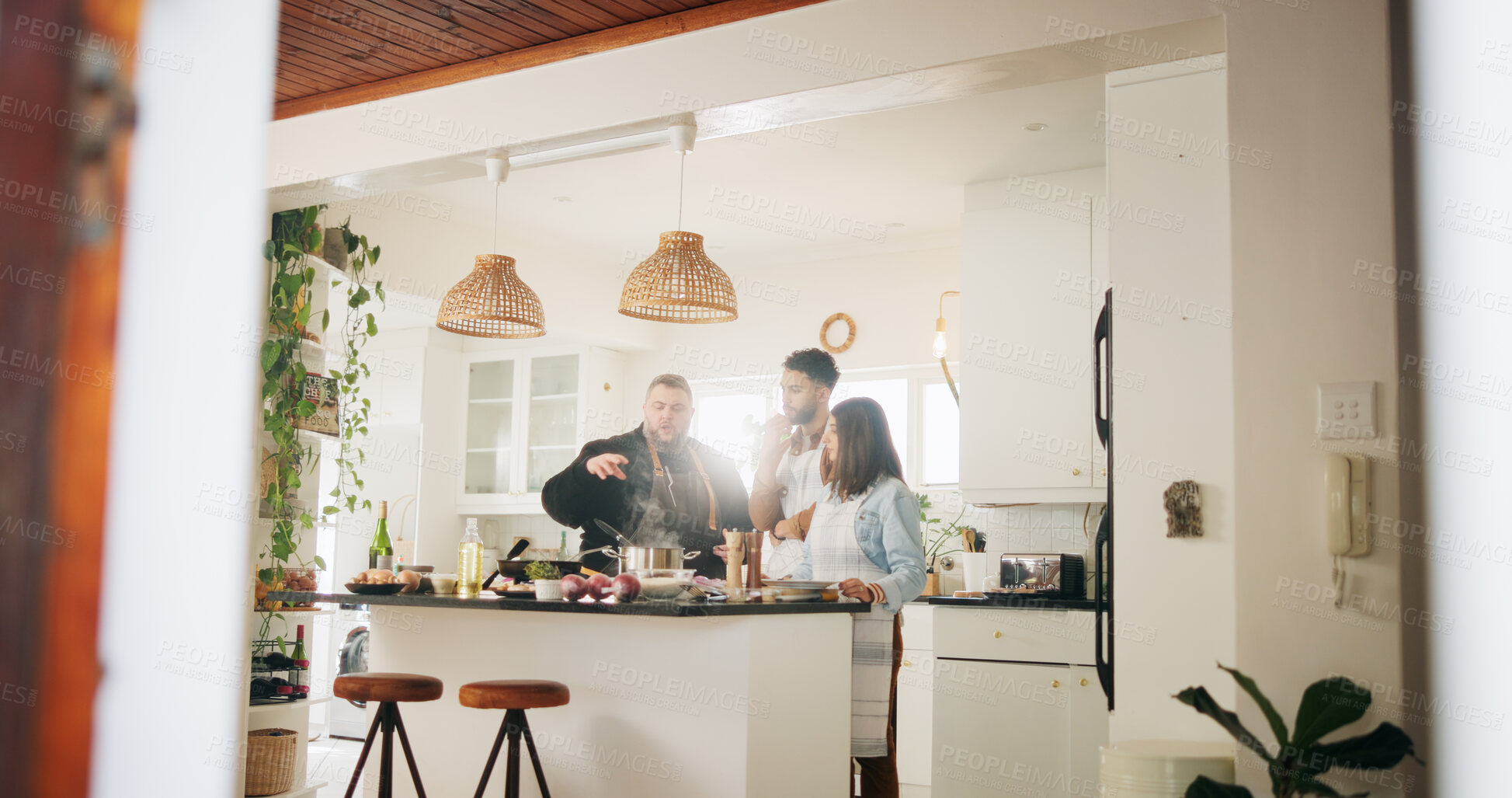 Buy stock photo Cooking class, chef and couple with learning in kitchen for meal preparation, teaching recipe or cuisine instructions. Culinary course, people and professional guide with demonstration or food advice
