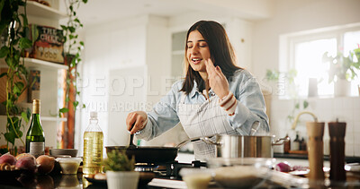 Buy stock photo Happy woman, cooking and smell with pan in kitchen for hospitality, cuisine or food at home. Female person, chef or smile with aroma on stove for fresh ingredients, new recipe or meal prep at house
