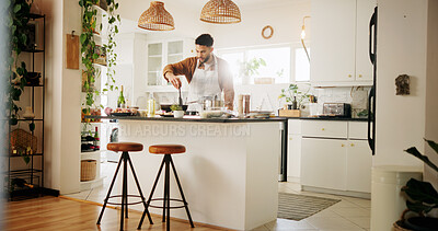 Buy stock photo Home, man and stove in kitchen for cooking, culinary skills and ingredients with chef for dinner. House, male person and cook with experience for food recipe, breakfast and meal prep in apartment