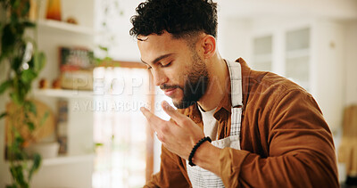 Buy stock photo Chef, man or smelling meal in home for lunch preparation, fresh aroma or creative skill process. Flavour curator, scent or cooking healthy food for gourmet cuisine, dinner nutrition or dish progress 