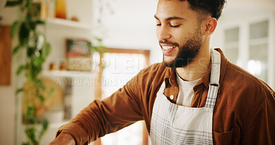 Buy stock photo Cooking, prepare and happy man with meal in kitchen of home for diet, private service or nutrition. Ingredients, recipe and personal chef with smile in house for gourmet cuisine, hospitality or lunch