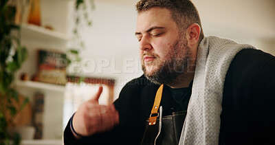 Buy stock photo Chef, man cooking and smell in home for lunch preparation, meal aroma and creative process. Flavour curator, scent and healthy food for gourmet cuisine, dinner nutrition or dish progress at house