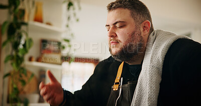 Buy stock photo Chef, man and food smell in home for lunch preparation, meal aroma and creative process. Flavour curator, scent or cooking healthy diet for gourmet cuisine, dinner nutrition or dish progress at house