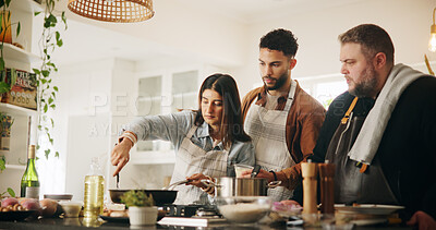 Buy stock photo Cooking course, chef and couple with learning in kitchen for meal preparation, culinary skills or dinner instructions. Professional, people and food lesson with recipe demonstration, teaching or tips