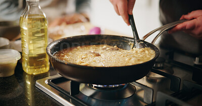 Buy stock photo Cooking, food and pan with chef in kitchen of restaurant closeup for diet, health or nutrition. Gas stove, ingredients and recipe with person in hotel for gourmet cuisine, hospitality or service