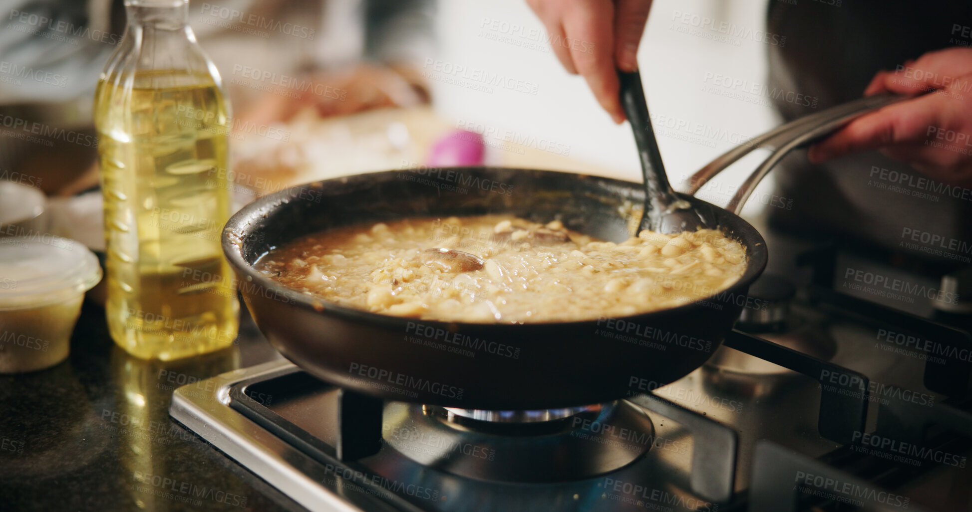 Buy stock photo Cooking, food and pan with chef in kitchen of restaurant closeup for diet, health or nutrition. Gas stove, ingredients and recipe with person in hotel for gourmet cuisine, hospitality or service