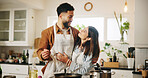 Cooking, couple and happy with food in kitchen for meal preparation, romantic dinner and recipe support. Love, people or connection in home with embrace, healthy brunch or helping hand with nutrition