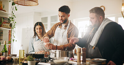 Buy stock photo Cooking class, chef and couple with learning in home for meal preparation, culinary skills or recipe instructions. Professional guide, people and food lesson with demonstration, dinner advice or tips