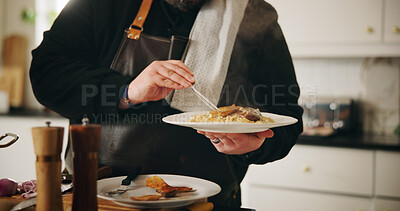Buy stock photo Cooking, food or hands of chef with plate in kitchen of home for diet, private service or nutrition. Ingredients, recipe or closeup of man with dish in house for gourmet cuisine, hospitality or lunch