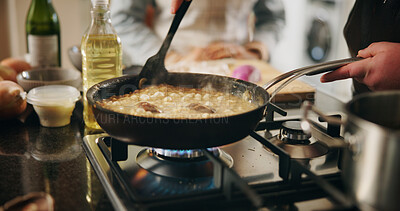 Buy stock photo Cooking, pan and steam with person in kitchen of restaurant closeup for diet, health or nutrition. Food, gas stove and recipe ingredients with chef in hotel for gourmet cuisine or hospitality