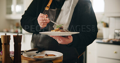 Buy stock photo Chef, plate and hands of man with food in kitchen of home for diet, private service or nutrition. Ingredients, recipe and preparation with dish in house for gourmet cuisine, hospitality and lunch