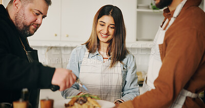 Buy stock photo Kitchen, learning and couple with chef, help and cooking with nutrition, technique and meal prep. Home, people and men with woman, culinary expert and professional with course, blow torch and smile