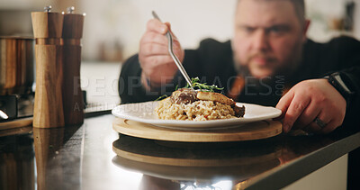 Buy stock photo Presentation, plate or hands of man with food in kitchen of home for diet, service or nutrition. Ingredients, risotto recipe or person with dish design for gourmet cuisine, cooking mushroom or lunch