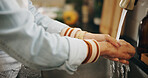 Washing hands, water and faucet in kitchen with hygiene, routine and rinse for dirt in house. Person, tap and cleaning with liquid for germs, bacteria and splash with drops by sink for safety in home