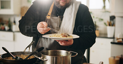 Buy stock photo Cooking, food and hands of man with dish in kitchen of home for diet, private service or nutrition. Ingredients, recipe and personal chef with plate in house for gourmet cuisine, hospitality or lunch