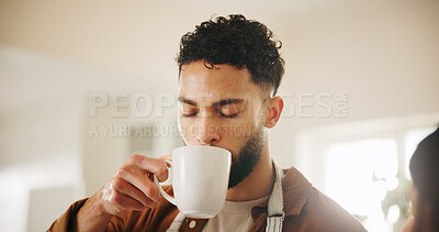 Buy stock photo Man, chef and drinking coffee in kitchen for morning beverage, break or caffeine at home. Male person, relax and enjoying espresso with mug or cup for warm latte, cappuccino or comfort at house