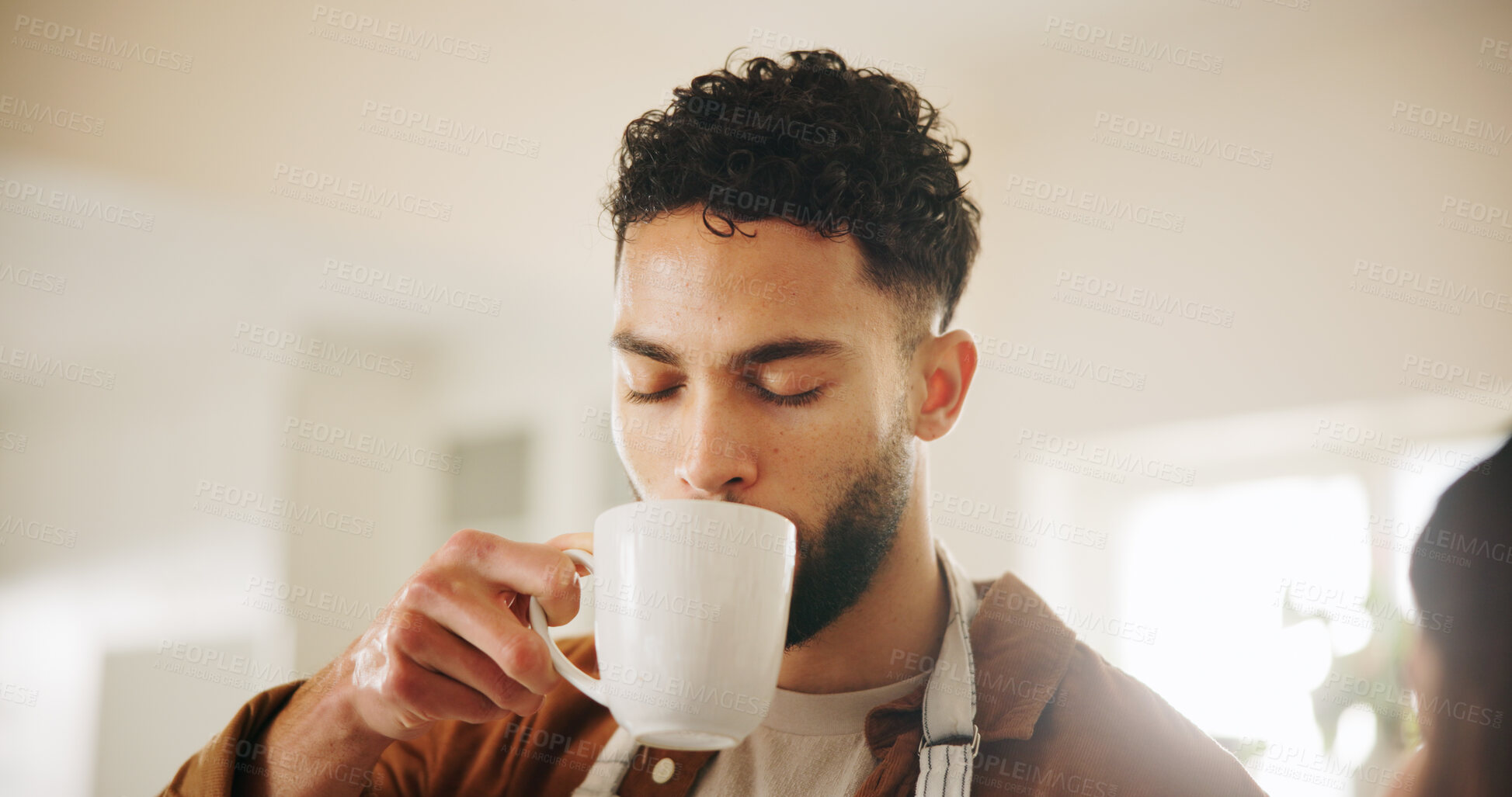Buy stock photo Man, chef and drinking coffee in kitchen for morning beverage, break or caffeine at home. Male person, relax and enjoying espresso with mug or cup for warm latte, cappuccino or comfort at house