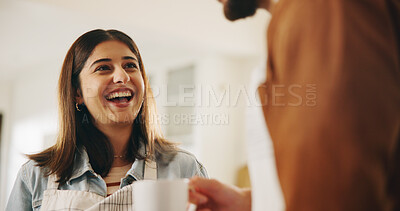 Buy stock photo Drinking, laughing and couple with coffee in kitchen for bonding, connection or conversation together. Happy, love and man with woman for enjoying caffeine beverage in morning with talking in home.