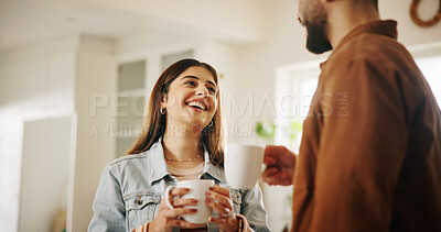 Buy stock photo Conversation, happy and couple with coffee in kitchen for bonding, connection or drinking together. Smile, love and man with woman for enjoying caffeine beverage in morning with talking in home.