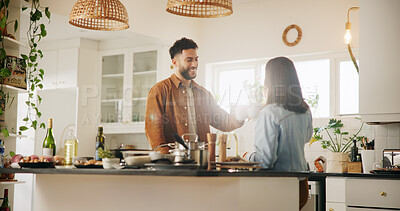 Buy stock photo Home, happy and couple with coffee for toast, celebration and anniversary for relationship in morning. Kitchen, man and woman with cappuccino drink for cheers, love commitment and bonding in marriage