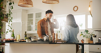 Buy stock photo Home, kitchen and couple with coffee to drink, cooking and anniversary for relationship in morning. House, man and woman with beverage for love, commitment and bonding with meal perp in marriage