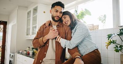 Buy stock photo Couple, hug and happy in kitchen with love, care and bonding with romantic connection in relationship at house. People, man and woman with smile for embrace, trust and loyalty in morning at apartment