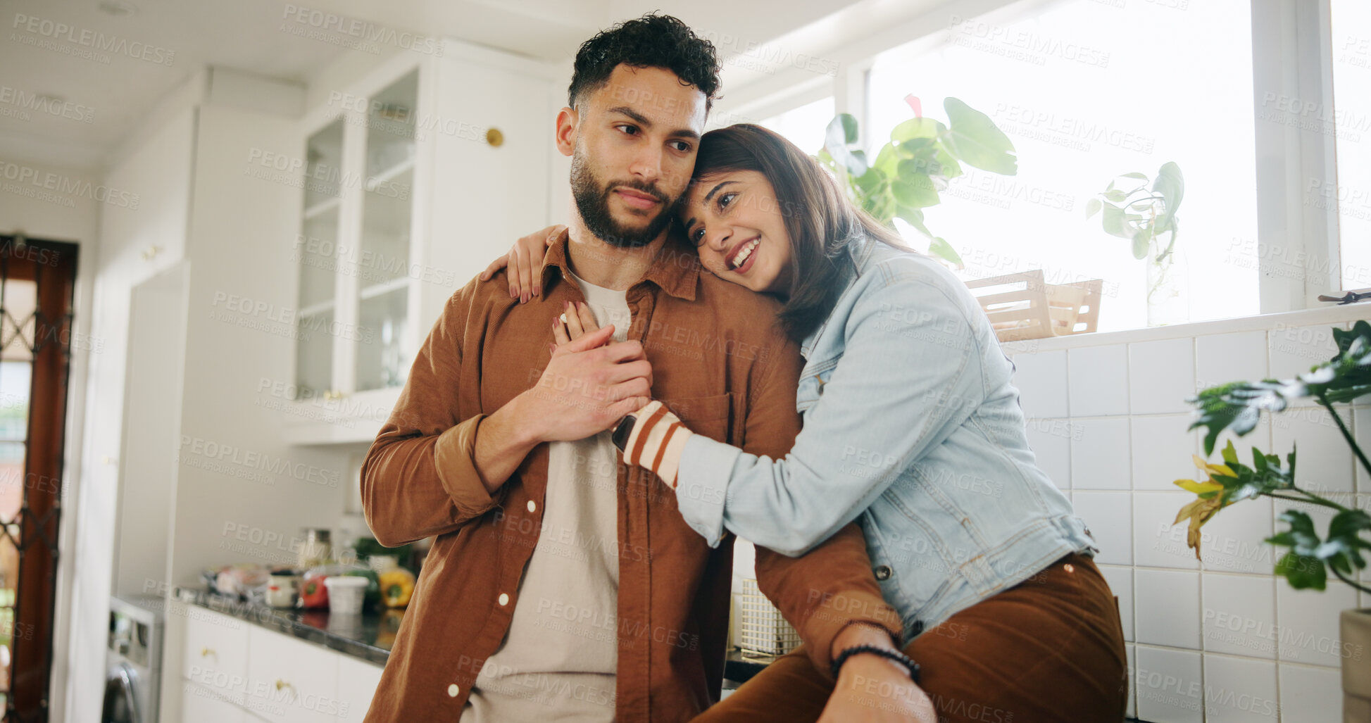 Buy stock photo Couple, hug and happy in kitchen with love, care and bonding with romantic connection in relationship at house. People, man and woman with smile for embrace, trust and loyalty in morning at apartment