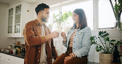 Buy stock photo Kitchen, couple and glasses of wine for cheers, celebration and anniversary in healthy relationship. Home, man and woman with alcohol drink for toast, commitment and bonding with love in marriage