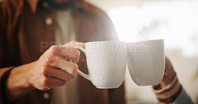 Buy stock photo Home, hands and couple with coffee for toast, celebration and anniversary for relationship in morning. Closeup, house and people with cappuccino drink for cheers, commitment and bonding in marriage
