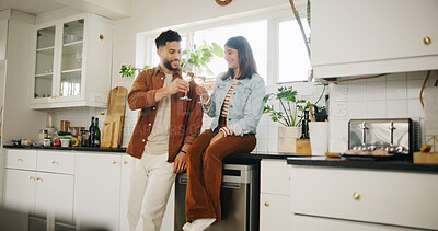 Buy stock photo Kitchen, couple and glasses of wine for toast, celebration and anniversary in healthy relationship. Home, man and woman with alcohol drink for cheers, commitment and bonding with love in marriage