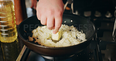 Buy stock photo Butter, cooking and hand of person in kitchen of restaurant closeup for diet, health or nutrition. Gas stove, ingredients and pan with chef in hotel for gourmet cuisine, hospitality or service