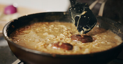 Buy stock photo Cooking, pan and recipe with food in kitchen of restaurant closeup for diet, health or nutrition. Ingredients, stove and utensil with chef skill in hotel for gourmet cuisine, hospitality or service