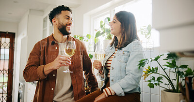 Buy stock photo Kitchen, couple and glasses of wine for laugh, connection and anniversary in healthy relationship. Home, man and woman with alcohol drink for conversation, commitment or bonding with love in marriage