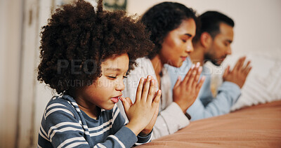 Buy stock photo Family, bed and prayer hands with faith for christianity, religion or belief on fabric sheets at home. Mom, dad and child with hope or gratitude for god, holy routine or worship in bedroom at house