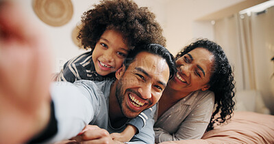 Buy stock photo Selfie, happy and portrait of parents with child for memory, profile picture or social media post. Smile, love and boy kid with mother and father for photography with fun together in bedroom in home.