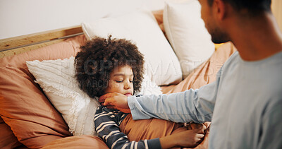 Buy stock photo Home, sick and father with boy, bedroom and illness with flu symptoms, check for cold and help. Apartment, parent and kid with dad, child and virus with infection, support and fever with rest or nap